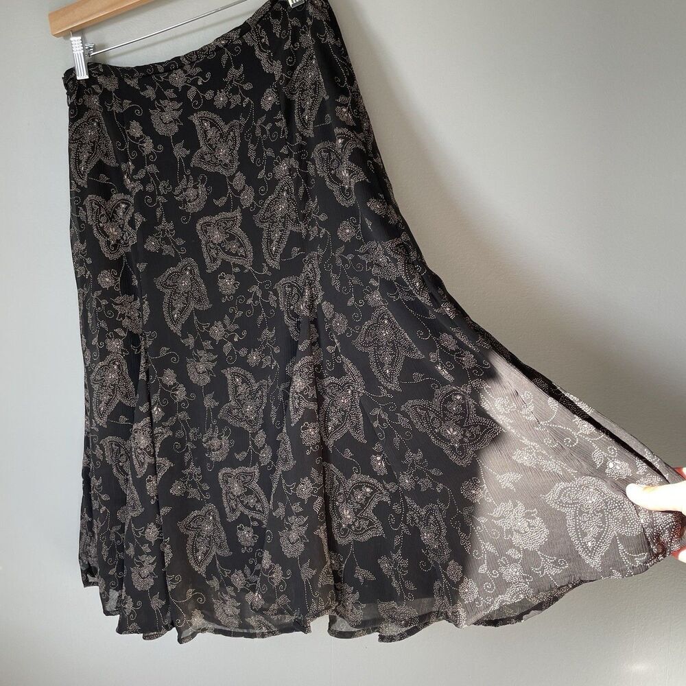 Evan-Picone Vintage Cottagcore Midi Skirt Floral Print Flowy Black Women's 6 - Picture 6 of 11